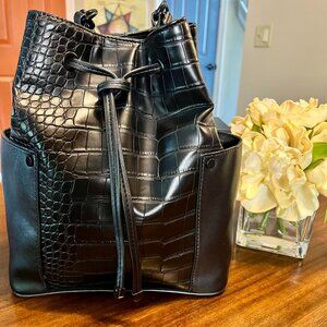 Aldo Women's Black Alligator Embossed Bucket Bag Shoulder Bag With Drawstring